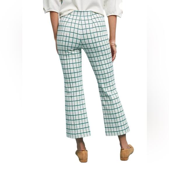 Anthropologie The Essential Cropped Flare Pants Green Cream Plaid size small - Picture 2 of 9